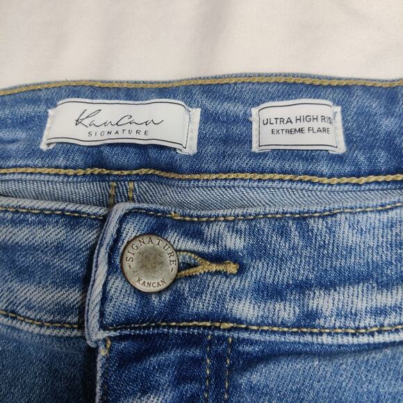 Kancan Ultra High Rise Extreme Flare Boho Jeans 29 Raw Hem Vintage Wash - Picture 7 of 13